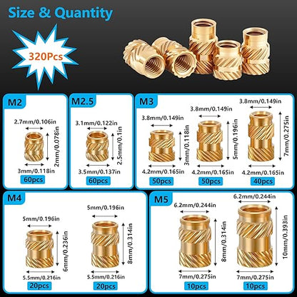 320+6Pcs M2 M2.5 M3 M4 M5 Premium Brass Threaded Inserts, Metric Brass Knurled Nuts Assortment Kit, with Heat Set Insert Tool, for Plastic and 3D Printing Components, All-in-one