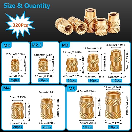 320+6Pcs M2 M2.5 M3 M4 M5 Premium Brass Threaded Inserts, Metric Brass Knurled Nuts Assortment Kit, with Heat Set Insert Tool, for Plastic and 3D Printing Components, All-in-one