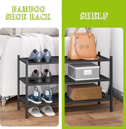 BMOSU 3-Tier Bamboo Shoe Rack Premium Stackable Shoe Shelf Storage Organizer for Hallway Closet Living Room Entryway Organizer(Black)