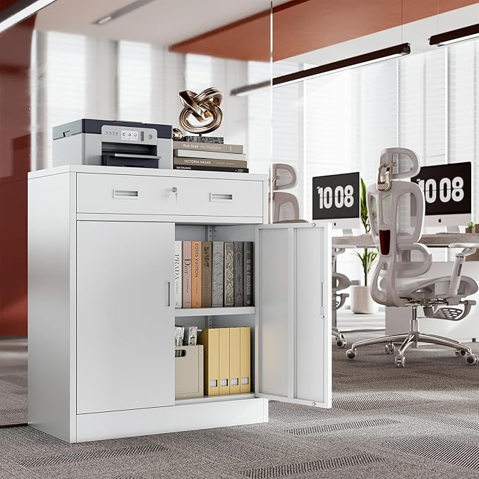 CJF Metal Storage Cabinet, Locking Storage Cabinet with 1 Drawer and Adjustable Shelf, 36" H x 28" W x 16" D White Metal Cabinets for Office, Home, Garage