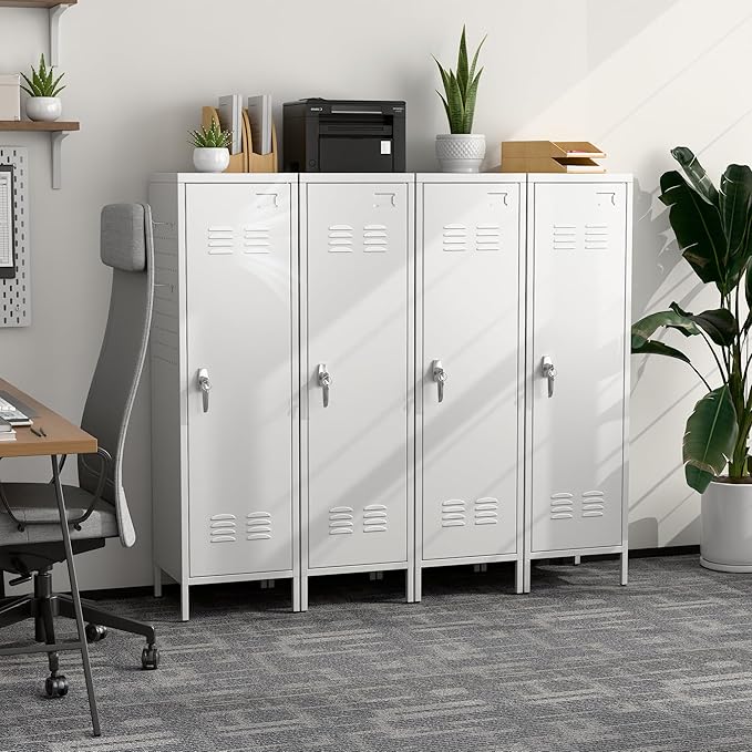Lockable Metal Lockers with Handle,Metal Storage Locker with 2 Pegboard & 5 Hooks for Home,Office,School,White,Required Assembly,White