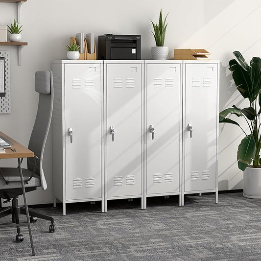 Lockable Metal Lockers with Handle,Metal Storage Locker with 2 Pegboard & 5 Hooks for Home,Office,School,White,Required Assembly,White