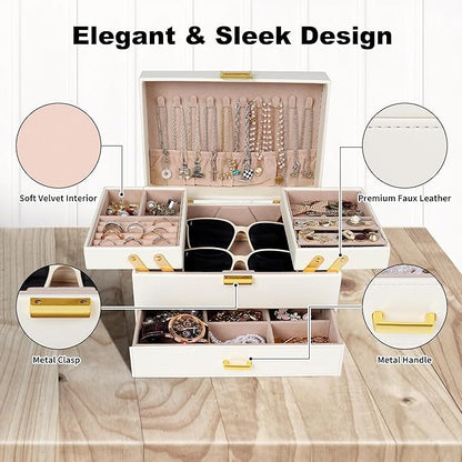 Dajasan Jewelry Organizer Box, Large Jewelry Boxes for Women Girls, Compact 3 Layers Jewelry Storage Case with Drawer, Movable Metal Stand, Modern, Gift Idea (Cloud White + Gold)