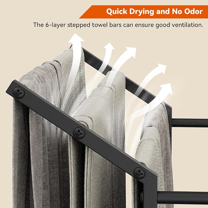 Free Standing Towel Rack for Bathroom, 40.3" Tall 6 Tier Quilt Rack Stand, Large Quilt Blanket Holder with Storage Shelves for Living Room Black Metal