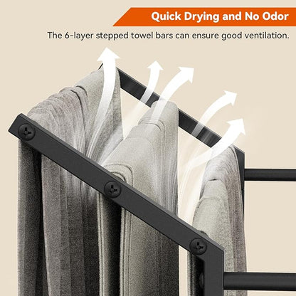 Free Standing Towel Rack for Bathroom, 40.3" Tall 6 Tier Quilt Rack Stand, Large Quilt Blanket Holder with Storage Shelves for Living Room Black Metal