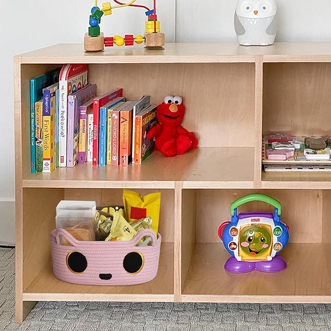 Pink Cat Toy Basket, Small Woven Cat Toy Storage Box with Cute Ears Handle Indoor, Cotton Rope Storage Bin with Embroidered Face for Home Decor, Pet Bed, Baby Nursery Kids Room Organization
