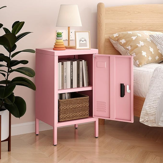 24.4" H Metal Locker Storage Cabinet with Adjustable Shelf, 1 Door Small Storage Cabinet with Adjustable Leveling Foot for Home,Office, Kids Locker,Assembly Required,Pink