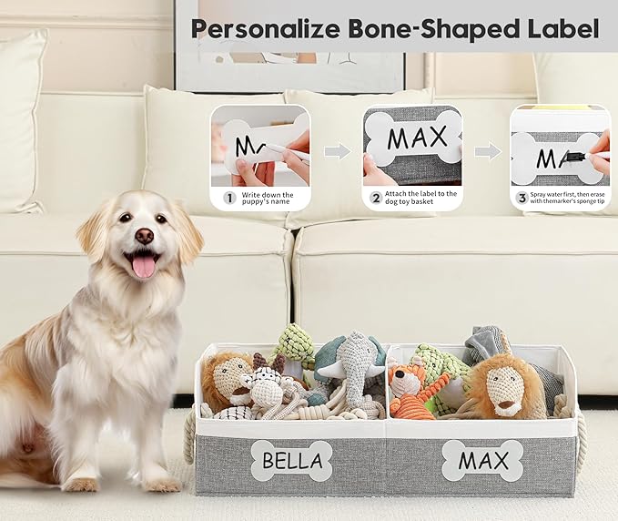 Beveetio Large Dog Toy Basket, Collapsible Fabric Dog Toy Bin with Removable Divider & DIY Tags, Trapezoid Storage Box with Rope Handles for Pet Supplies, Perfect for Living Room Storage-Grey&White