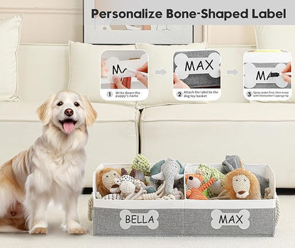 Beveetio Large Dog Toy Basket, Collapsible Fabric Dog Toy Bin with Removable Divider & DIY Tags, Trapezoid Storage Box with Rope Handles for Pet Supplies, Perfect for Living Room Storage-Grey&White