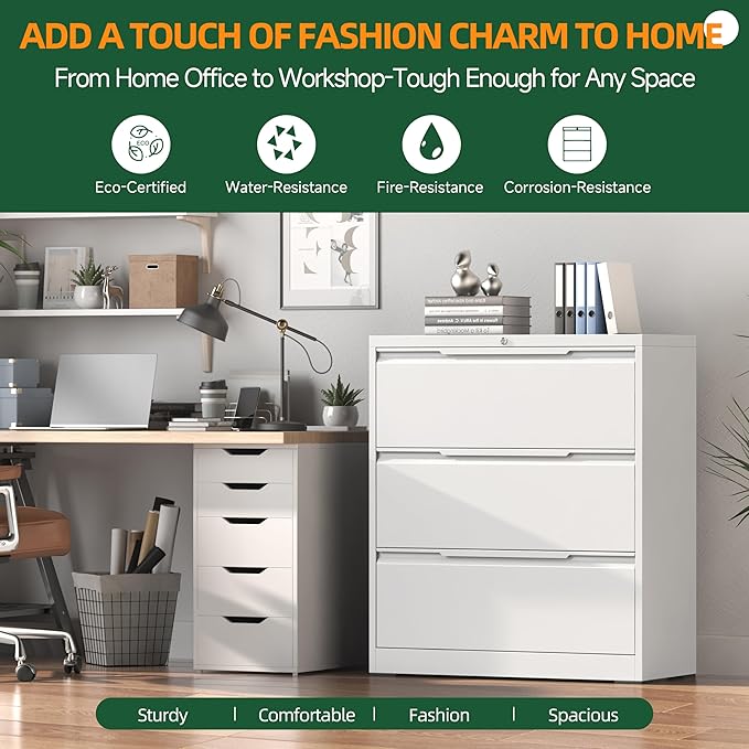 Lateral File Cabinet, 3 Drawer Lateral File Cabinet with Lock, Metal Filing Cabinets for Home Office, White Wide Deep Drawer for Hanging Files Letter/Legal/A4/F4 Size, Printer Stand, Assembly Required