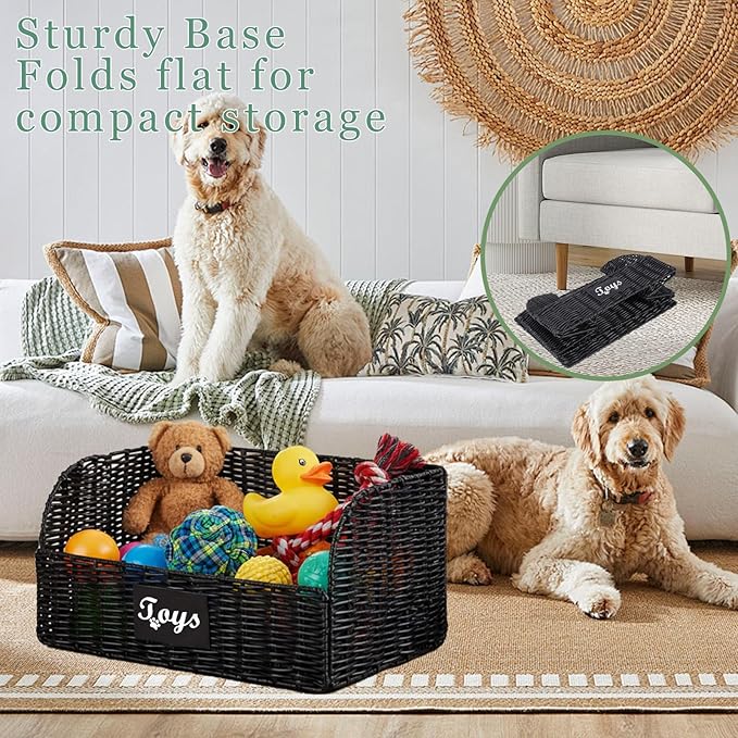 Pet Dog Toy Storage Basket,Collapsible Poly Wicker Baskets for Dog Cat Toys,Trapezoid Dog Toy Bin,Dog Storage Organizer for Leash Blanket Toys,Ideal for Living Room,Playroom(Black)
