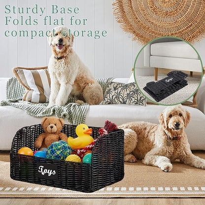 Pet Dog Toy Storage Basket,Collapsible Poly Wicker Baskets for Dog Cat Toys,Trapezoid Dog Toy Bin,Dog Storage Organizer for Leash Blanket Toys,Ideal for Living Room,Playroom(Black)