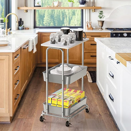 Simple Houseware 2-Tier Rolling Utility Cart with Lockable Wheels and Wood Top, Metal Storage Organizer Trolley for Kitchen, Bathroom, Office, Craft Room, White