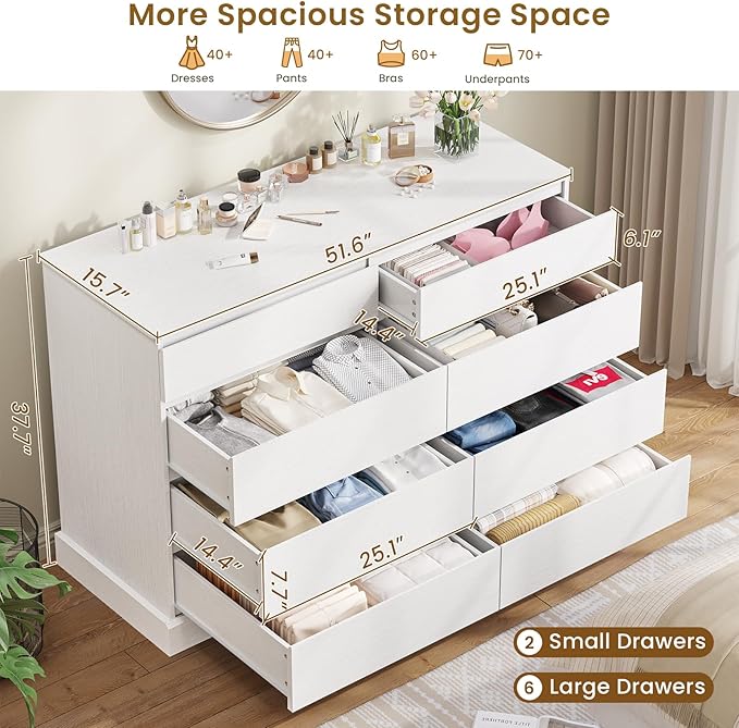 DICTAC 8 Drawers Dresser for Bedroom, White Large Chest of Drawers, Long Modern Double Dressers, Big Clothing Storage Organizer Closet with Ample Space, 51.6''L x 15.7''D x 37.7''H