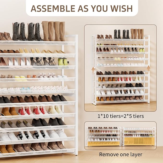 Metal Shoe Rack,Large 10 Tier Shoe Organizer, Heavy Duty Metal Stackable Shoe Storage Vertical Shoe Rack for Closet Front Door Entrance,Entryway,GarageUp to 62 Pairs,White