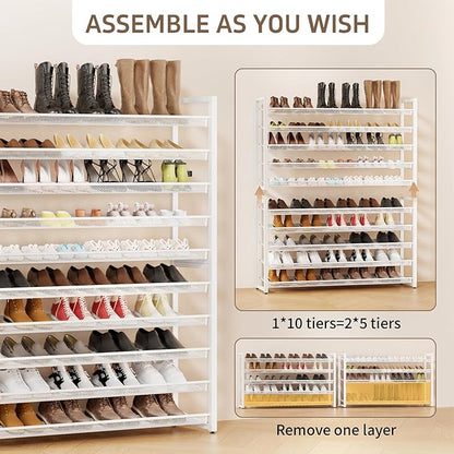 Metal Shoe Rack,Large 10 Tier Shoe Organizer, Heavy Duty Metal Stackable Shoe Storage Vertical Shoe Rack for Closet Front Door Entrance,Entryway,GarageUp to 62 Pairs,White