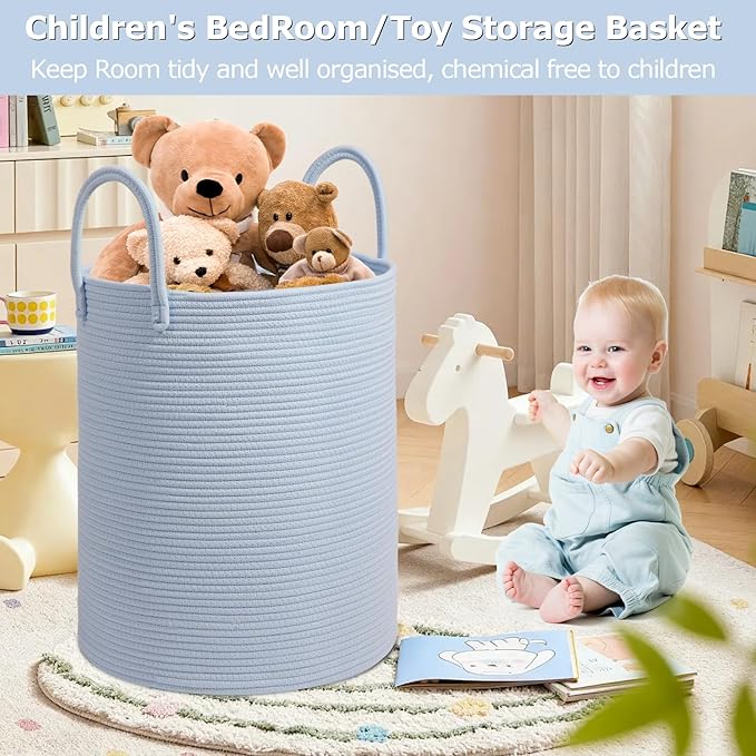 Large Woven Laundry Basket Hamper,60L Cotton Rope Storage Basket for Blankets in living room,Decorative Tall Nursery Hamper for Toys and Clothes,Baby Basket,Blue