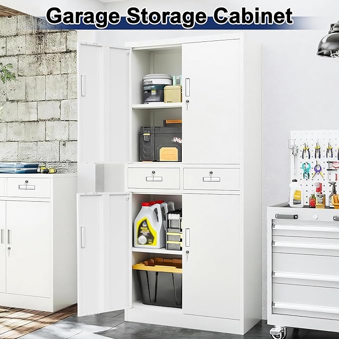 BESFUR Metal Garage Storage Cabinet with Two Drawers Locking Doors and 2 Adjustable Shelves, White Tall Storage Cabinets, Tool File Lockable Cabinet for Garage Office Warehouse Shop(71”H)
