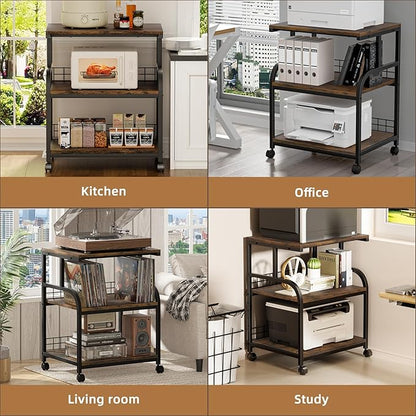 Lerliuo Large Printer Stand with Storage, 23.6"W x 18.9"D x 30.2"H, 5-Adjustable Shelf Heights Mobile 3 Tier Table with Lockable Wheels, Industrial Rolling Printer Cart, Brown Stands for Home Office