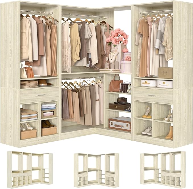 Unikito 86" Corner Closet System, Modular Closets Organizer with 4 Hanging Rods and 2 Drawers, Freestanding Adjustable Wood Clothes Garment Rack with Storage Shelves, White Oak