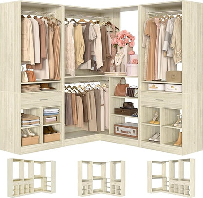 Unikito 86" Corner Closet System, Modular Closets Organizer with 4 Hanging Rods and 2 Drawers, Freestanding Adjustable Wood Clothes Garment Rack with Storage Shelves, White Oak