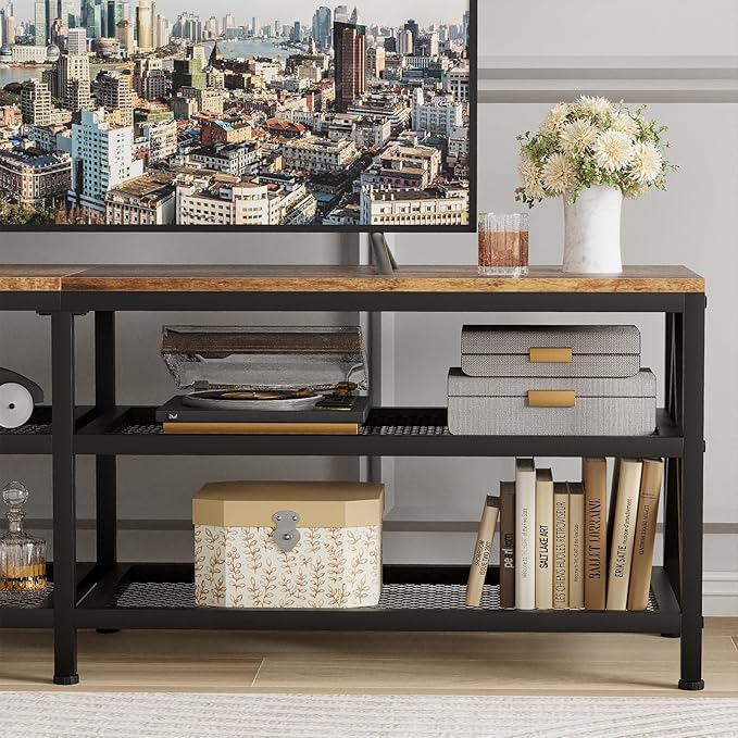 TV Stand for TVs up to 70 Inch, 63" Long Industrial TV Console Table with 3-Tier Storage Shelves, Entertainment Center for Living Room, Bedroom (Brown)