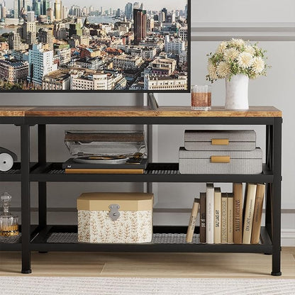 TV Stand for TVs up to 70 Inch, 63" Long Industrial TV Console Table with 3-Tier Storage Shelves, Entertainment Center for Living Room, Bedroom (Brown)