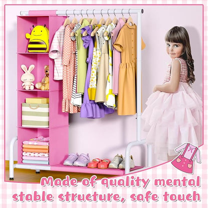 Univivi Kids Clothing Rack with Hanging Organizer, Short Toddler Dress Up Storage Rack for Hanging Clothes, Kids Wardrobe Closet for Baby Clothes, Dance Costumes, Pink/White