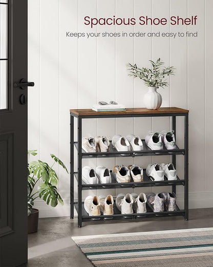 VASAGLE Shoe Rack for Entryway, 4-Tier Shoe Rack Organizer with Storage Shelves and Spacious Top, Freestanding, Adjustable, Industrial, Rustic Brown and Ink Black ULBS040B01