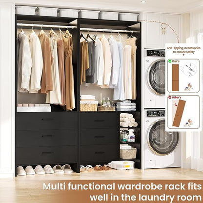 Aheaplus Closet System with 6 Drawers, 4.5ft Wood Closet Organizer System, Walk-in Closet or Small Closets Wardrobe, Clothes Rack with Hanging Rods, Set of 2 Black