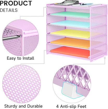 2 Pack 6 Tier Paper Organizer, Metal Mesh Desk File Folder, Letter Tray Organizer, Paper Sorter Desk Organizers for Office, Home or School File Folder Holder - Purple