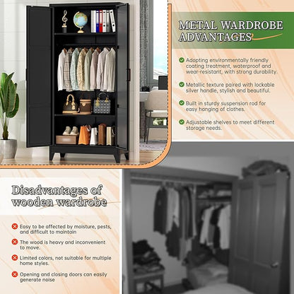 Bonusall 71" Metal Wardrobe,Steel Wardrobe Closet with Hanging Rod & Adjustable Shelves,Metal Storage Cabinet with 2 doors, Decorative Metal Closet with Handles for Bedroom,Home Office Entryway, Black