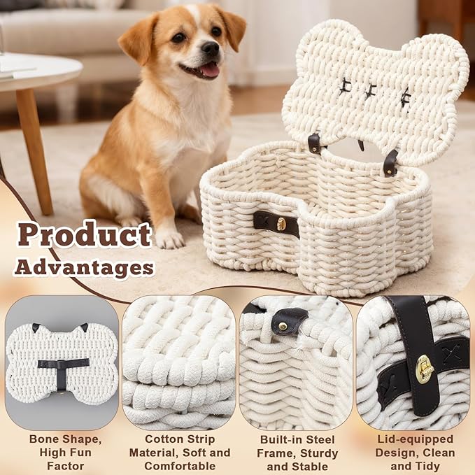 Cotton Rope Basket for Pet Toys, Bone Shaped Pet Toys Organizer, Handmade Dog Toy Bin, Woven Baskets for Storage,14.96 x 11.22 x 6.5 inch