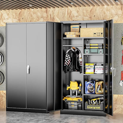 INTERGREAT Metal Storage Cabinet with Lock,Storage Wardrobe Cabinets with 4 Adjustable Shelves and Hanging Rod,Black Wardrobe Cabinet with Lockable Doors for Home Office,Warehouse,Garage