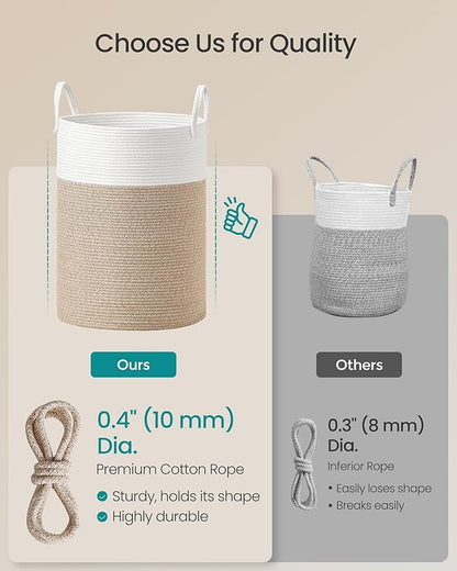 SONGMICS Laundry Hamper, Cotton Rope Laundry Basket with Handles, for Children, Toys, Clothing, Living Room, Bedroom, 21.1 Gallons, 15.7 x 15.7 x 23.6 Inches, White and Grayish Brown URLH062LZ01