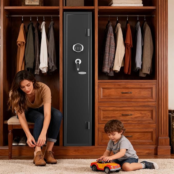 KAER 2-3 Gun Safe for Rifles and Pistols Guns Cabinet for Shotguns Quick Access Long Rifle Safes with Removable Rack LED Light Adjustable Shelves for Home Living Room Bedroom Closet Cloakroom (Black)