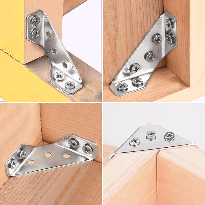 PlusRoc 12-Pack Universal Stainless Steel Furniture Corner Connectors with Screws - Heavy Duty Triangular Support Brackets for Wood Furniture, Drawers, Cabinets, Tables, and Chairs