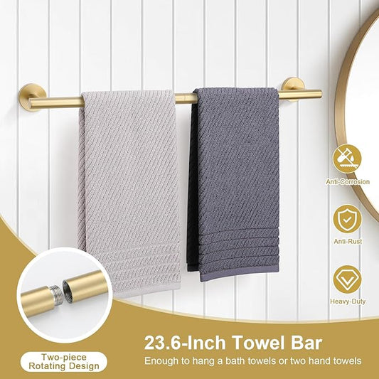 TQKAG 8-Pieces Bathroom Hardware Set Brushed Gold SUS304 Stainless Steel Bath Towel Bar Set 23.6 Inch Round Bathroom Accessories Kit Wall Mounted