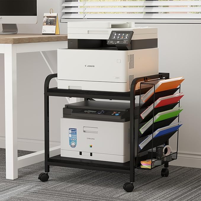 EasyCom Large Printer Stand with File Holder Organizer, Adjustable Height Shelf with Wheels, Rolling Printer Cart with Storage for Printer Scanner Fax Home Office Use Black