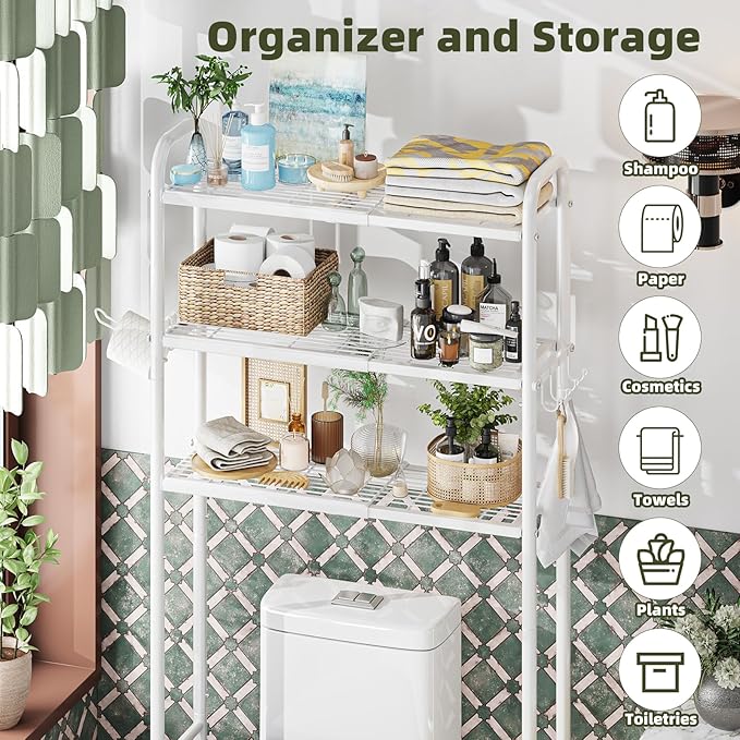 Simple Trending Expandable Over The Toilet Storage Rack, Metal 3 Tier Bathroom Organizer Shelf with Paper Holder and 3 Hooks, White
