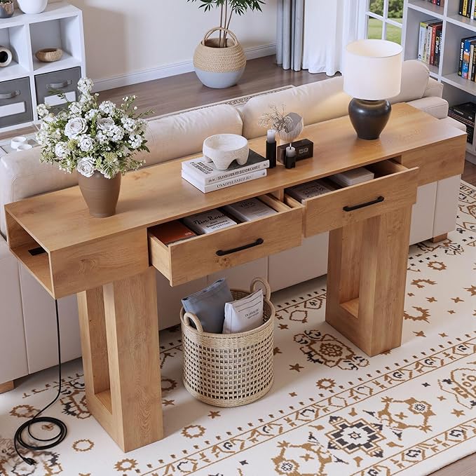 63" Console Table for Entryway, Farmhouse Sofa Tables with Drawers and Outlet, Narrow Long Accent Table for Entrance Hallway Living Room, Natural