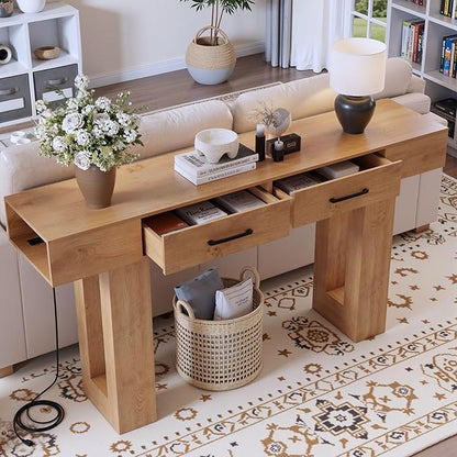 63" Console Table for Entryway, Farmhouse Sofa Tables with Drawers and Outlet, Narrow Long Accent Table for Entrance Hallway Living Room, Natural