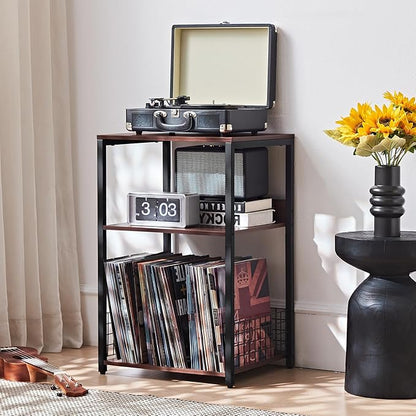LELELINKY Walnut Oak 18" Wide End Table,3 Tier Large Record Player Stand with Storage Up to 130 Albums,Modern Turntable Stand, Records Vinyl Shelf for Living Room, Bedroom, Printer Desk for Home Office