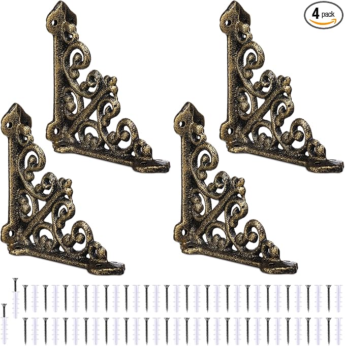 Blulu 4 Pack Antique Style Cast Iron Shelf Brackets Decorative Brackets 3 7/8" x 3 7/8" Wall Mount Shelving Bracket Heavy Duty Victorian Style Shelf(Antique Brass)