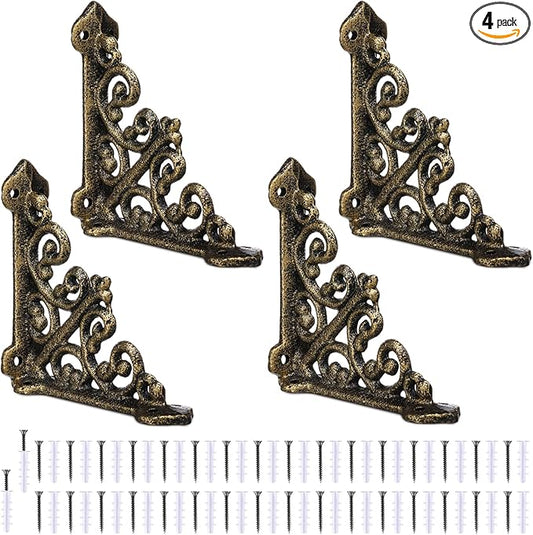 Blulu 4 Pack Antique Style Cast Iron Shelf Brackets Decorative Brackets 3 7/8" x 3 7/8" Wall Mount Shelving Bracket Heavy Duty Victorian Style Shelf(Antique Brass)