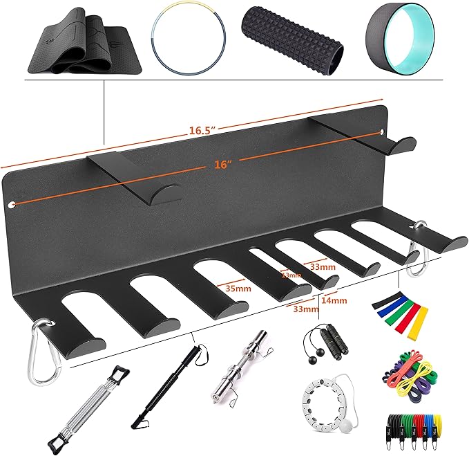 Resistance Bands Rack Wall Mount Home Gym Equipment Storage Rack for Resistance Bands, Jump Ropes, Yoga Mat, Foam Roller, Chains, 16.5", Black