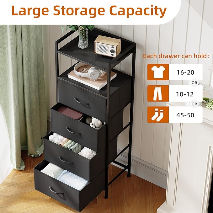 Somdot Night Stand with 4 Drawers, Vertical Storage Tower Fabric Dresser for Bedroom, Nightstand Bedside Table Furniture, Sturdy Steel Frame, Wooden Top & Easy Pull Fabric Bins, Black