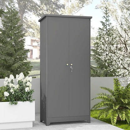 73''H Outdoor Storage Cabinet, Metal Garage Storage Cabinets with Doors and Shelves, Outdoor Broom Storage Cabinets, Waterproof Tool Shed for Patio Garden Backyard, Gray（15.4" D x 31.5" W ）