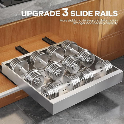 2Pack Expandable Pull Out Cabinet Organizer 21"Deep With Raising Pad for Framed Cabinets, Upgrade 3 Slide Rails Slide Out Drawers,Roll Out Shelves Adhesive,Adjustable Width 12.05"-20.4"Silver