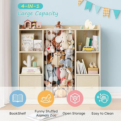 Toy Storage Organizer with Stuffed Animal Storage, Wooden Toy Organizer & Stuffed Animal Zoo, 6 Cubes Shelf with Removable Drawers, 4 -in-1 Book Shelf for Kids Room, Playroom, Nursery